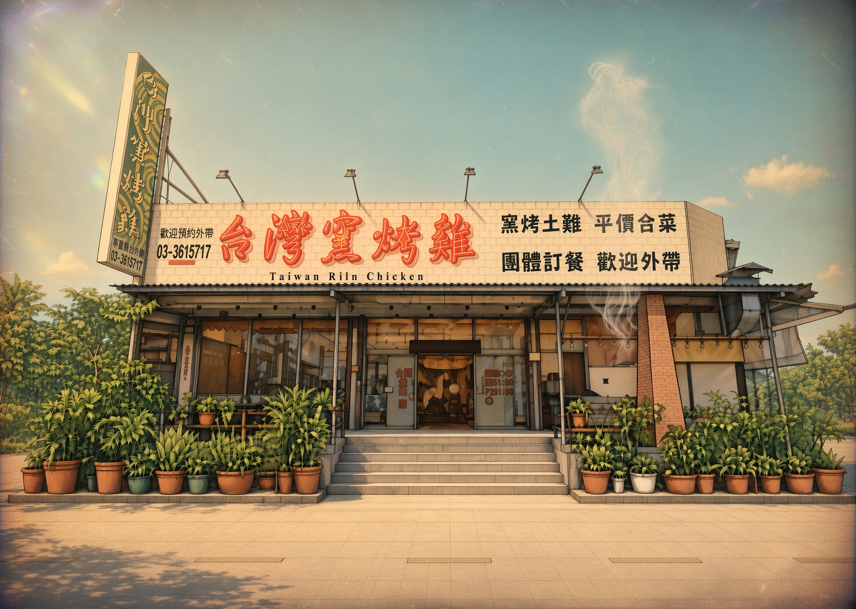 台灣窯烤雞店面插畫